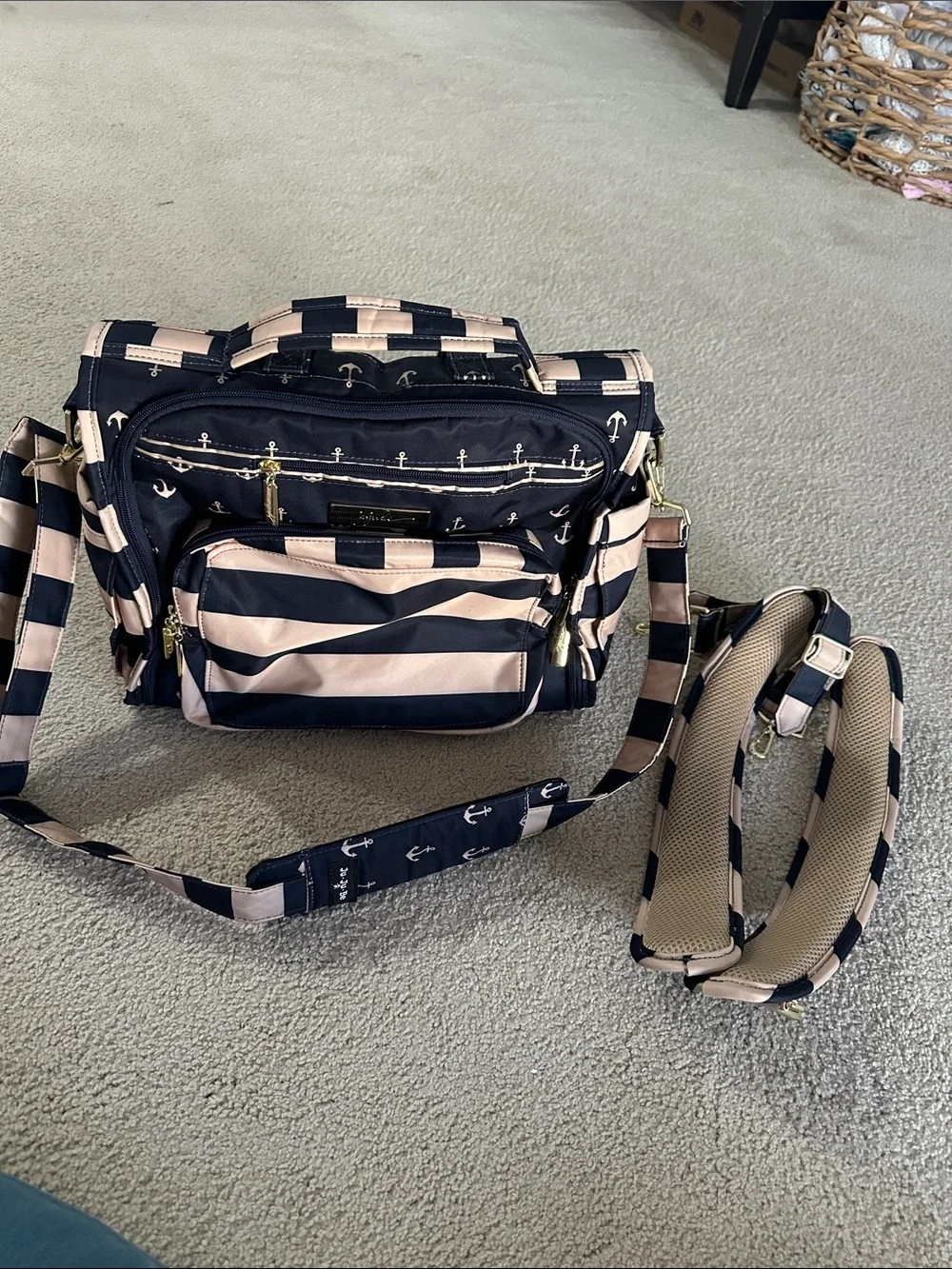 NWOT Ju-Ju-Be Navy and Tan Striped Convertible Baby Bag